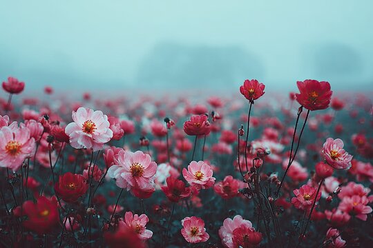 Misty field of delicate pink and red flowers