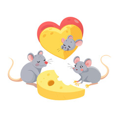 Two adorable inquisitive mice explore a large cheese heart while a third mouse naps close by 2D cartoon illustration set against a white background
