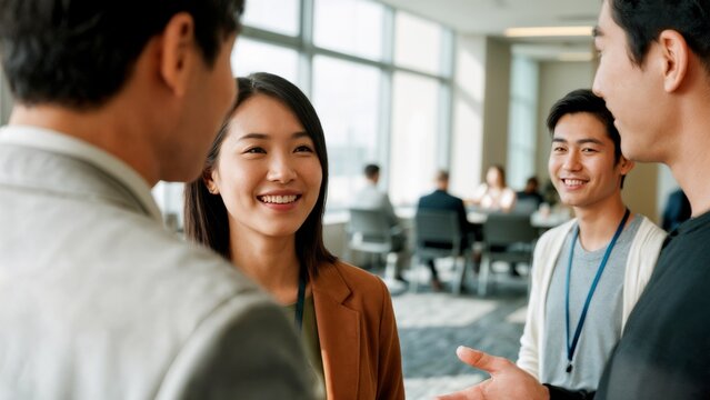 Diverse group of professionals networking at a modern conference. Collaborative meeting, business event, seminar, teamwork.
