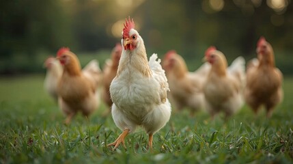 Fototapeta premium A group of chickens explores a vibrant green field as sunlight filters through trees. The animals exhibit curiosity and a lively demeanor, embodying farm life in the golden hour.