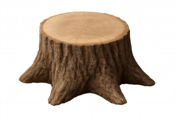 Weathered tree stump revealing detailed growth rings and textured bark surface, isolated backdrop