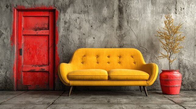 Rustic, vibrant room with a red door and yellow sofa