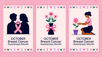 October breast cancer awareness month posters featuring silhouettes of people, flowers, and awareness ribbons, promoting support and education for the cause