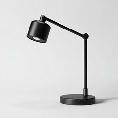 Sleek, black, adjustable desk lamp.  Simple, modern design.  Rounded, metal components.  Studio shot, white background