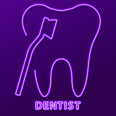 dentist neon sign, modern glowing banner design, colorful modern design trends on black background. Vector illustration.