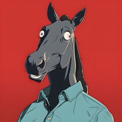 Horse in Red Background &mdash; Elegant horse character dressed like a person, bold red portrait with strong personality