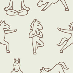 Fototapeta premium Pattern of icons of various horses practicing yoga and meditation and standing in different yoga poses in line art style. For yoga studios, advertising or holiday designs with horses