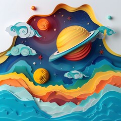 Solar System Art &mdash; Whimsical space landscape with colorful planets and waves, imaginative cosmic artwork