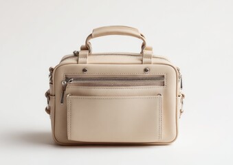 Off-white, rectangular handbag with zippered compartments
