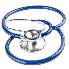 Close-up of a medical stethoscope with a dark blue tubing and a metallic diaphragm