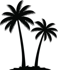 Silhouette of two tropical palm trees on small island ground, exotic beach summer vacation design, nature paradise vector illustration clipart