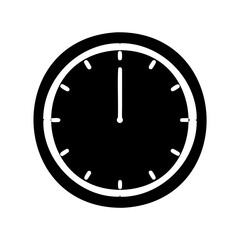 Simple black and white clock face showing the time is twelve o'clock
