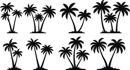 Collection of tropical palm tree silhouettes with multiple coconut trees, exotic island vector illustration for summer beach, paradise, and travel design