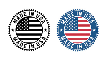 Two made in usa circular emblems, one in black and white and the other in color with the american flag, isolated on a white background