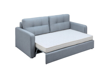 Modern grey sofa bed with mattress extended isolated on transparent background