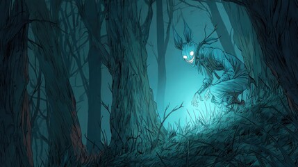 Eerie Blue Glow Reveals a Grinning, Rabbit-like Imp in a Haunted Forest at Night.