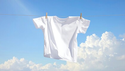 White t-shirt hangs on a clothesline, secured by wooden clips, against a bright blue sky with puffy white clouds