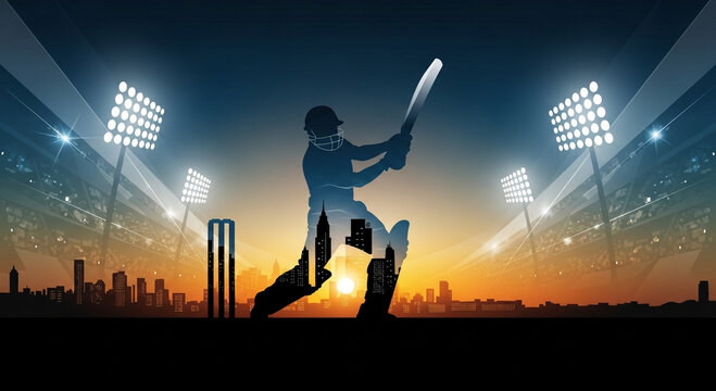 Cricket Player Silhouette with City Skyline Cricket Stadium at Sunset with Batsman
Sports and Citylife Mashup Illustration Professional Cricket Player 
Modern Cricket Graphic with Urban Landscape