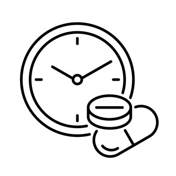 Clock and pill line icon. Time to take medication symbol. Treatment schedule, prescription reminder, drug timing, healthcare. Dosage management and medical adherence for patients. Vector illustration