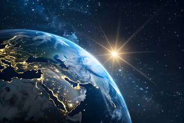 Naklejka premium Sunrise over planet earth in the vastness of space with stars