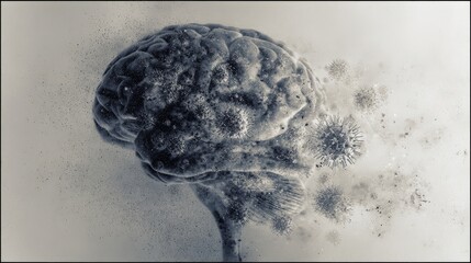 Ghostly double-exposure of human brain overlaid with decaying viral particles and eerie zombie-cell shadows, surreal high-resolution conceptual artwork