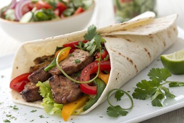 Freshly prepared wrap with grilled meat, vegetables, and herbs for food design or menu use.