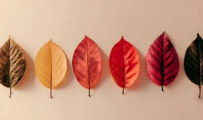 A collection of autumn leaves in varying colors arranged in a line on a neutral background showcasing seasonal transition