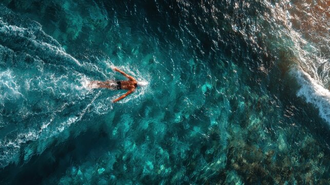 Man swimming in vibrant turquoise ocean during daylight hours, aerial view shows crystal clear water and motion trails