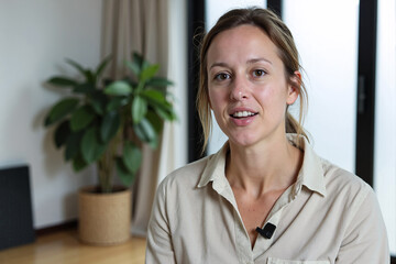 Professional woman speaking directly to camera during video interview or online conference call with lavalier microphone. Concept of business communication, testimonial, vlogging, or remote work