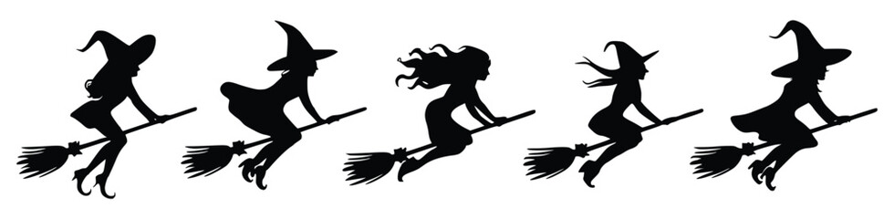 Fototapeta premium Silhouettes of Witches in Flight: A captivating ensemble of silhouetted witches, each astride a broomstick, gracefully soaring across the sky. The image evokes a sense of magic, mystery.