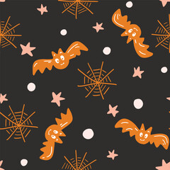 Flying bats with spider webs, stars and moons, creating a Halloween spooky scene in colors of orange, pink and off white on black background. Holiday seamless vector pattern. Great for home decor, etc