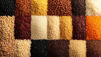 Assorted grains in a grid pattern