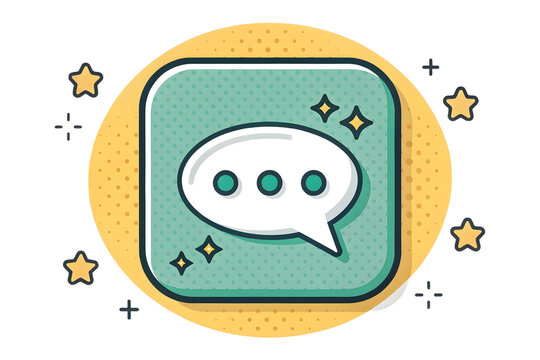 Clean speech bubble icon with stars and sparkles on a yellow background