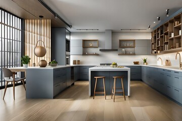Obraz premium Refined contemporary kitchen with light wood accents and a spacious open design concept