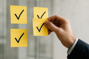 Checklist and to do list concept with yellow sticky notes featuring check marks, representing completed task list and organization in office environment, hand holding note