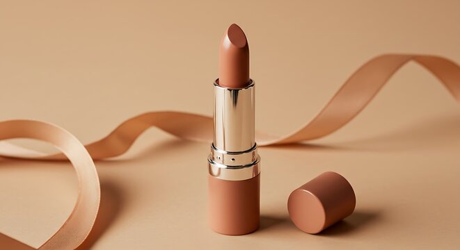 An elegant, open nude lipstick tube with a silver band surrounded by a flowing satin ribbon