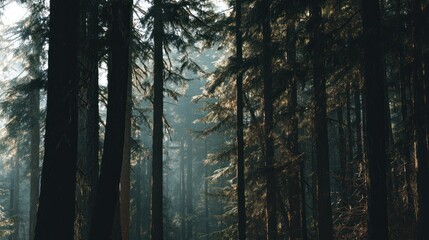Dense Forest with Tall Conifer Trees Shaded by Sunlight in Natural Wilderness