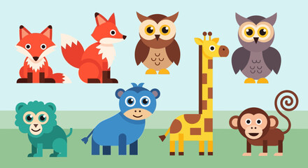 Obraz premium A colorful collection of cute, stylized cartoon wild animals in a simple flat design vector style.