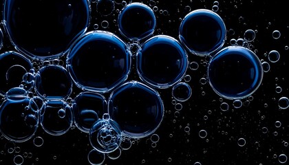 Macro shot of transparent, spherical bubbles floating against a deep black background, reflecting light