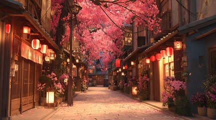 Fototapeta premium Anime street at night with cherry blossoms and warm lights