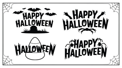 Fototapeta premium Spooky Halloween Design Set: A collection of four hauntingly fun Halloween designs, featuring bats, spiders, a tombstone, and candy corn.