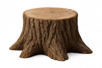 Weathered tree stump with detailed bark texture, cutting across transparent background, highlighting natural wood grain patterns