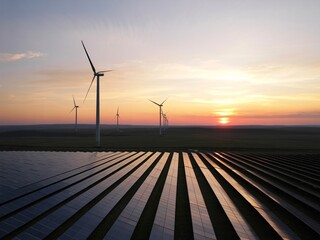 Renewable energy farm with solar panels and wind turbines at sunset image photo