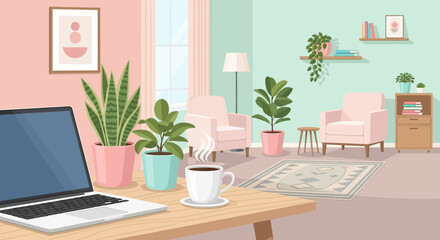 Fototapeta premium Modern and comfortable remote workplace setup in a stylish living room interior with pastel colors, armchairs, and green houseplants