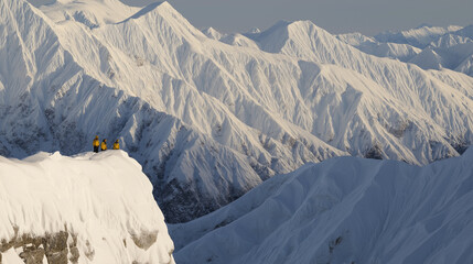 High Mountain Summit at First Light with Two Mountaineers Overlooking Layered Ranges