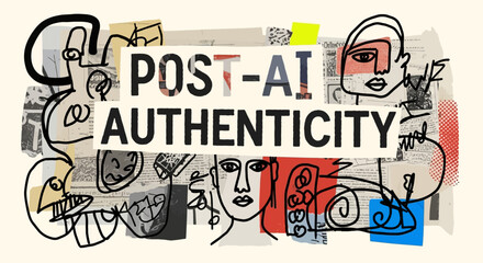 Hand-drawn abstract collage exploring the future of human authenticity and creative expression after the rise of AI