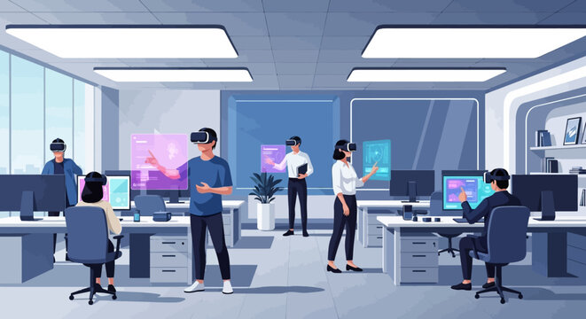 Innovative business team collaborating in a futuristic office using virtual reality and augmented reality technology for data analysis