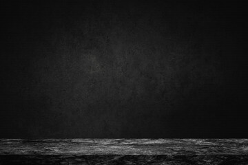 Empty top of black marble stone table on concrete wall background texture grunge and grey surface with space or display for add text or image and product. Loft style.