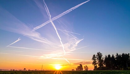 Wide-angle shot of a sunrise over a green field with tree-lined horizon, crisscrossing contrails in the colorful sky