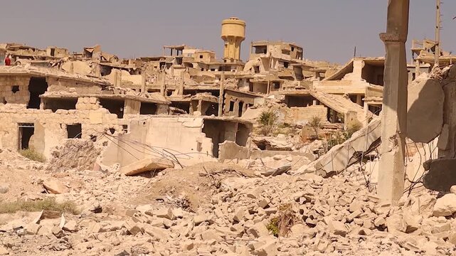 A powerful shot of war-torn Aleppo, Syria, with destroyed buildings, massive urban ruins, and a damaged mosque dome. Ideal for historical documentation, documentaries, news, and education.